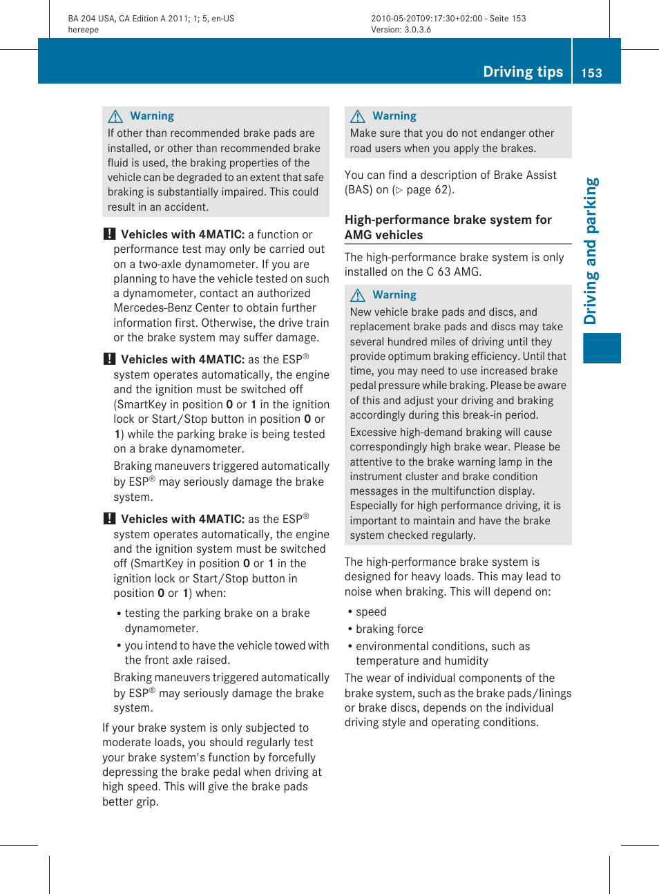 Driving and parking, Driving tips | Mercedes-Benz C-Class 2011 Owners Manual User Manual | Page 155 / 320