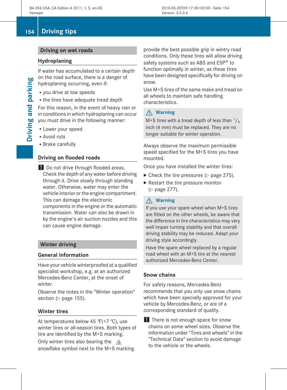 Driving on wet roads, Winter driving, Driving and parking | Driving tips | Mercedes-Benz C-Class 2011 Owners Manual User Manual | Page 156 / 320