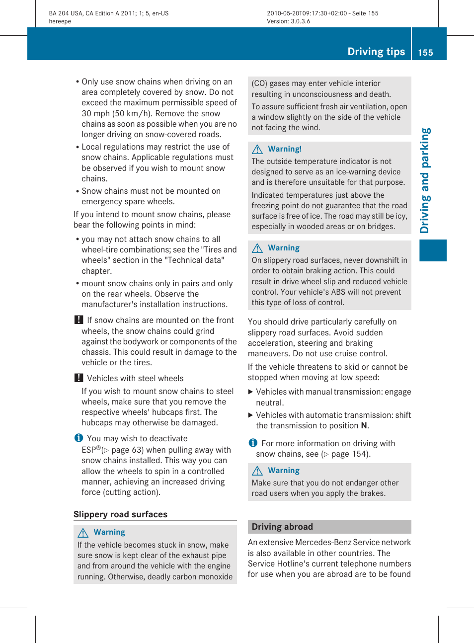 Driving abroad, Section, Driving and parking | Driving tips | Mercedes-Benz C-Class 2011 Owners Manual User Manual | Page 157 / 320