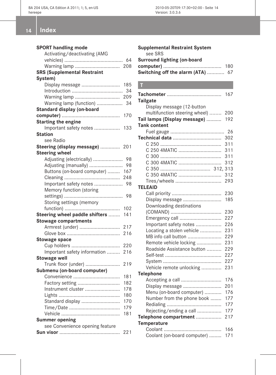Index | Mercedes-Benz C-Class 2011 Owners Manual User Manual | Page 16 / 320