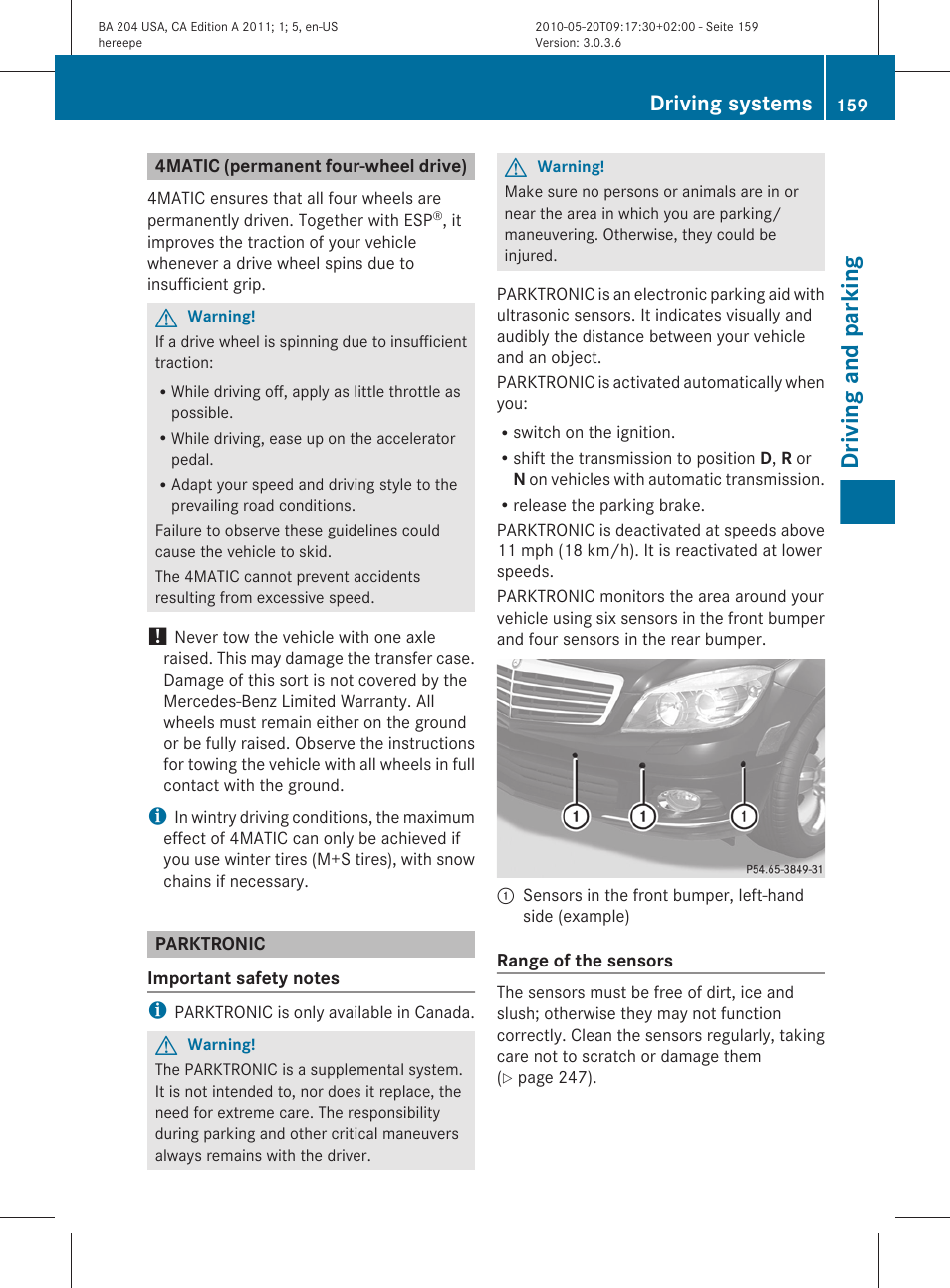 4matic (permanent four-wheel drive), Parktronic, Driving and parking | Driving systems | Mercedes-Benz C-Class 2011 Owners Manual User Manual | Page 161 / 320