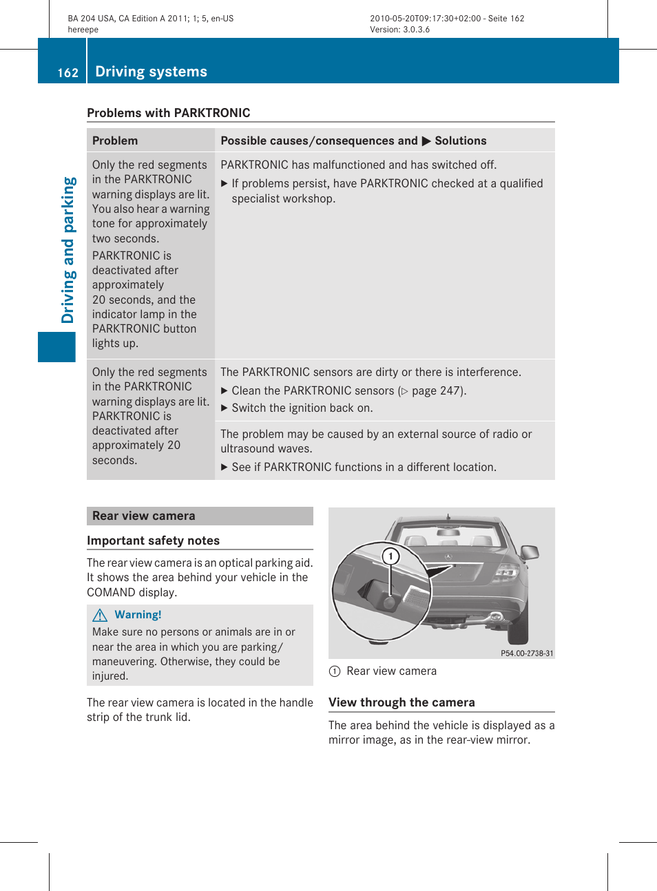 Rear view camera, Driving and parking, Driving systems | Mercedes-Benz C-Class 2011 Owners Manual User Manual | Page 164 / 320