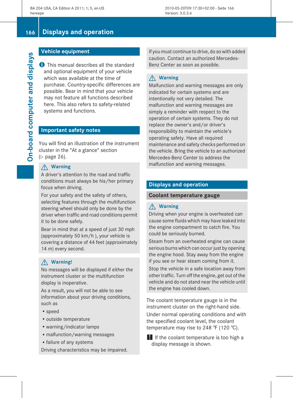 On-board computer and displays, Vehicle equipment, Important safety notes | Displays and operation, Coolant temperature gauge | Mercedes-Benz C-Class 2011 Owners Manual User Manual | Page 168 / 320