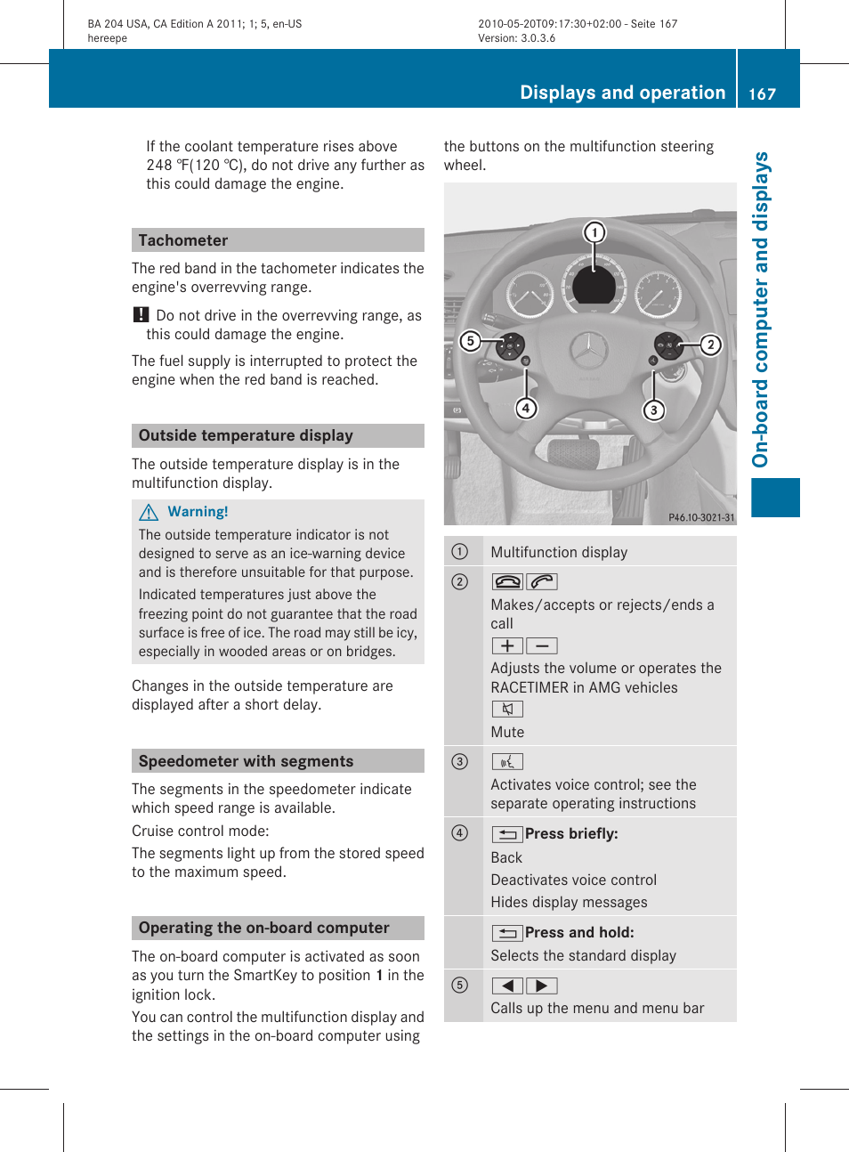 Tachometer, Outside temperature display, Speedometer with segments | Operating the on-board computer, On-board computer and displays, Displays and operation | Mercedes-Benz C-Class 2011 Owners Manual User Manual | Page 169 / 320