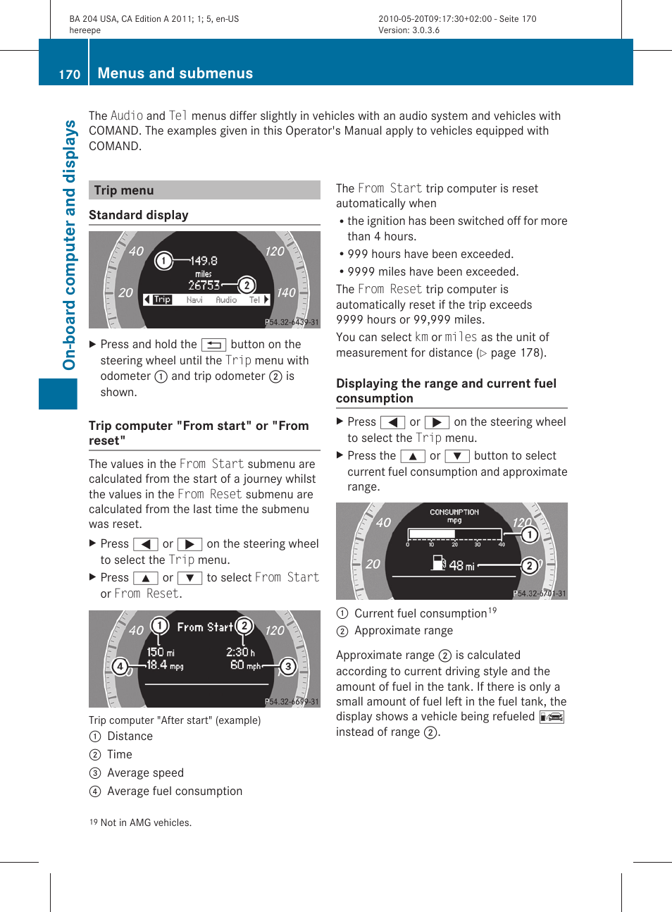 Trip menu, Menu, On-board computer and displays | Menus and submenus | Mercedes-Benz C-Class 2011 Owners Manual User Manual | Page 172 / 320