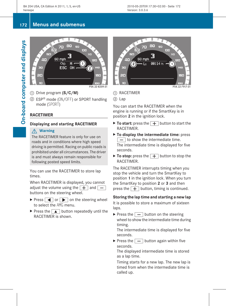 On-board computer and displays, Menus and submenus | Mercedes-Benz C-Class 2011 Owners Manual User Manual | Page 174 / 320