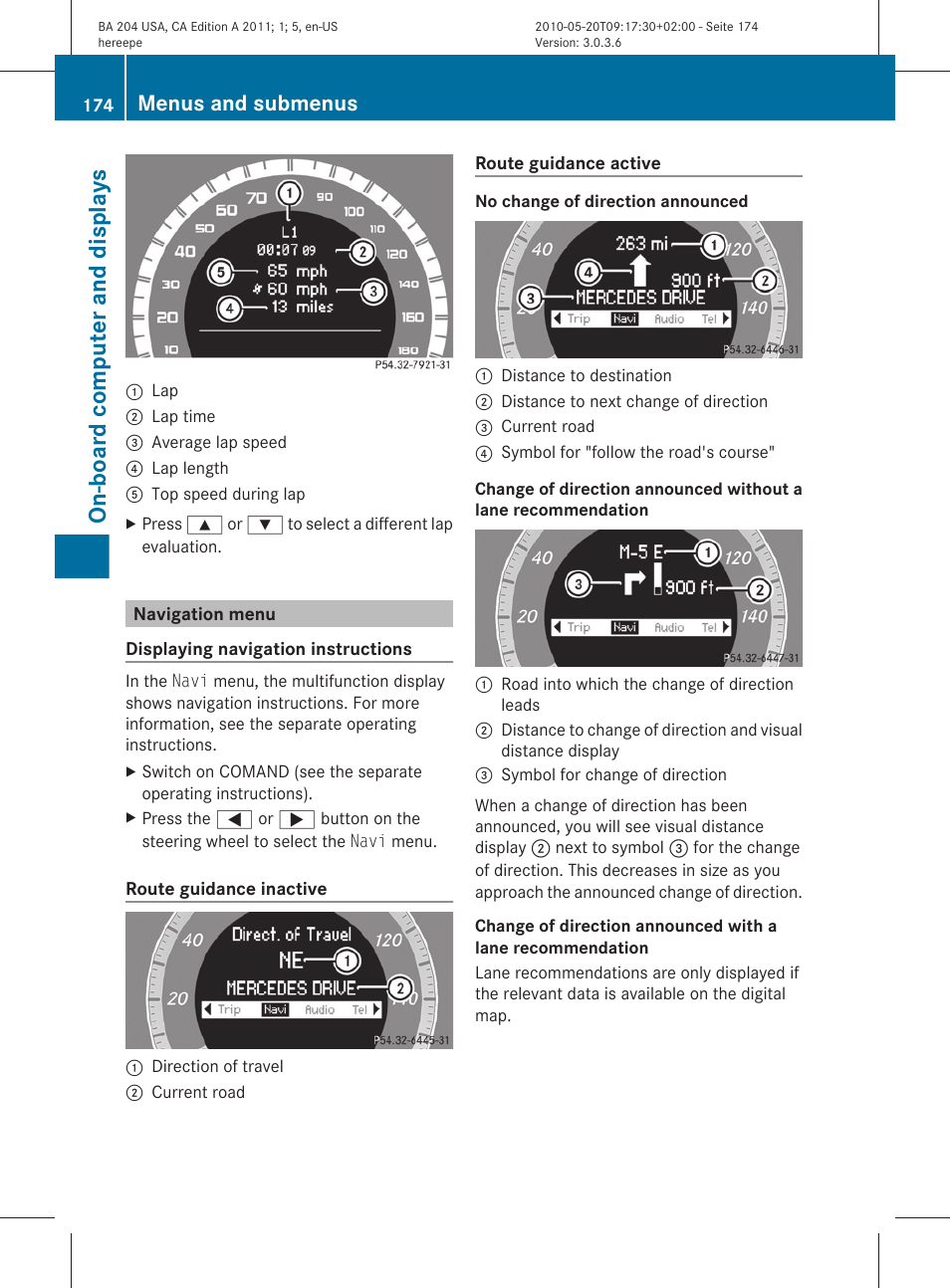 Navigation menu, On-board computer and displays, Menus and submenus | Mercedes-Benz C-Class 2011 Owners Manual User Manual | Page 176 / 320