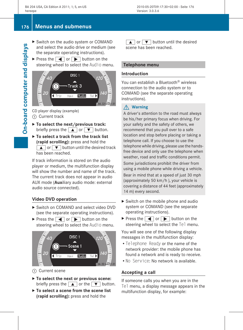Telephone menu, Menu (telephone), On-board computer and displays | Menus and submenus | Mercedes-Benz C-Class 2011 Owners Manual User Manual | Page 178 / 320