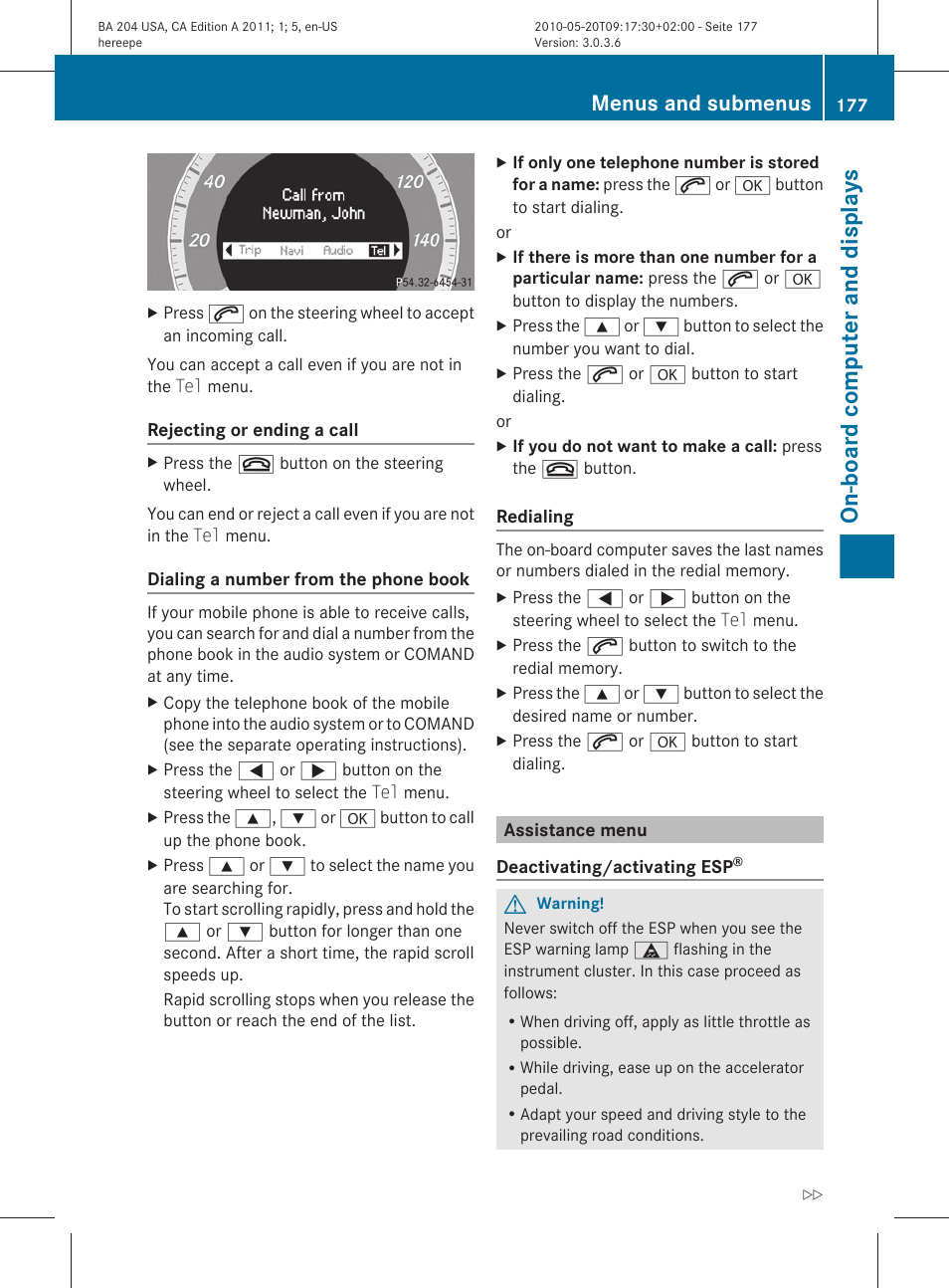 Assistance menu, On-board computer and displays, Menus and submenus | Mercedes-Benz C-Class 2011 Owners Manual User Manual | Page 179 / 320