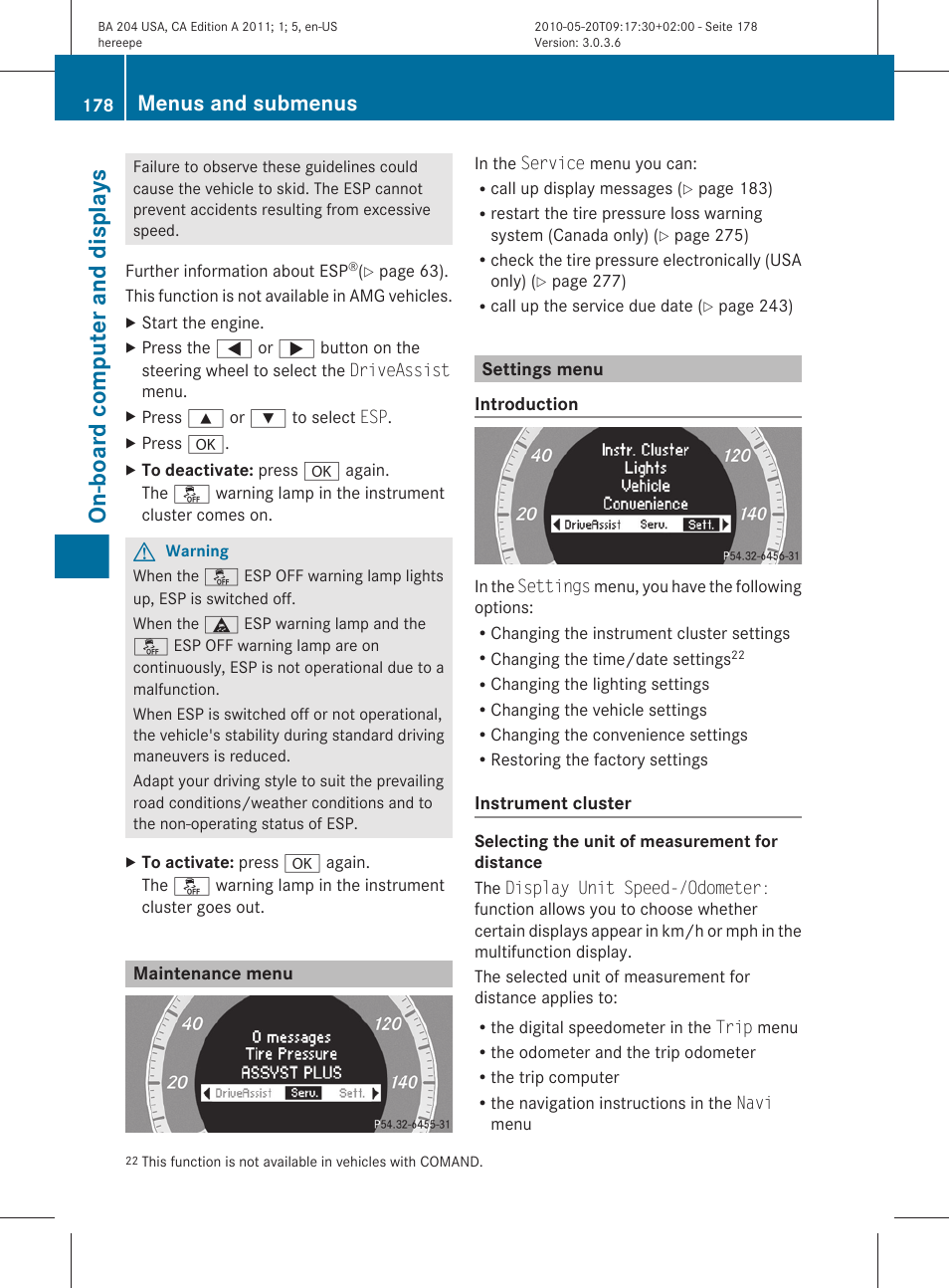Maintenance menu, Settings menu, To deactivate | Menu (assistance), Menu, On-board computer and displays, Menus and submenus | Mercedes-Benz C-Class 2011 Owners Manual User Manual | Page 180 / 320