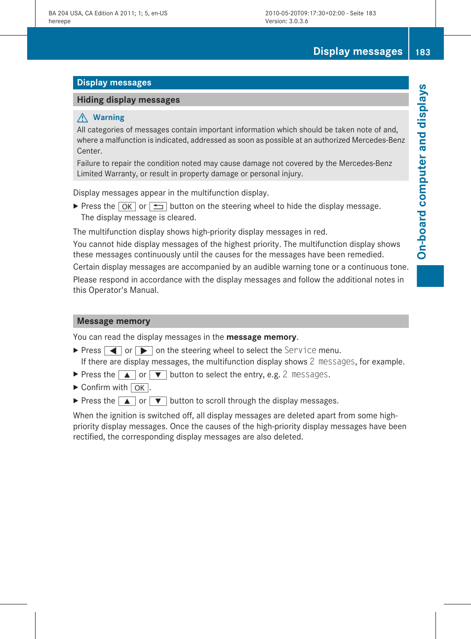 Display messages, Hiding display messages, Message memory | Call up display messages, On-board computer and displays | Mercedes-Benz C-Class 2011 Owners Manual User Manual | Page 185 / 320