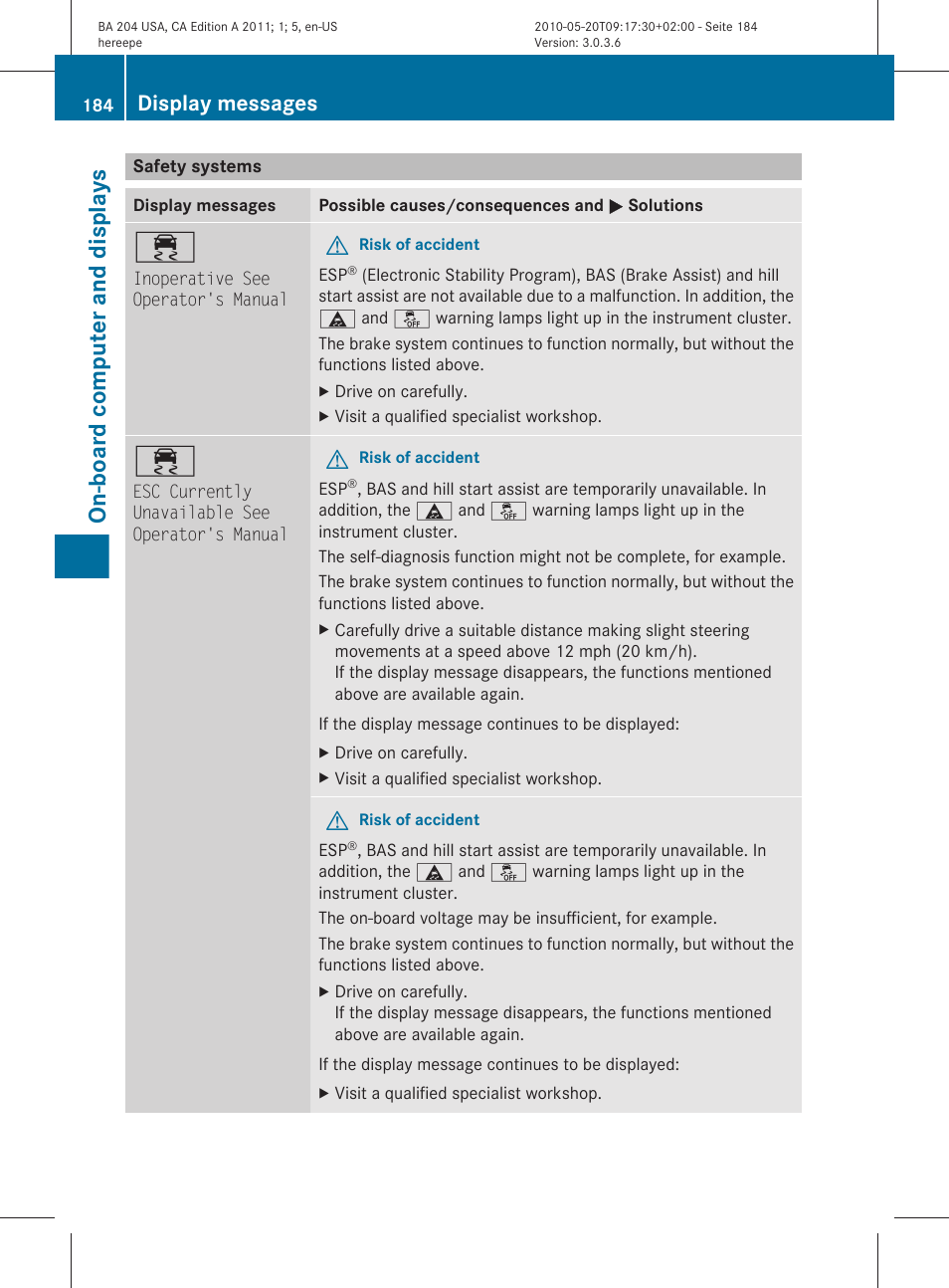 Safety systems, On-board computer and displays, Display messages | Mercedes-Benz C-Class 2011 Owners Manual User Manual | Page 186 / 320