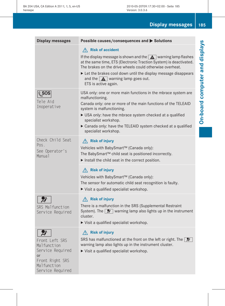 On-board computer and displays, Display messages | Mercedes-Benz C-Class 2011 Owners Manual User Manual | Page 187 / 320