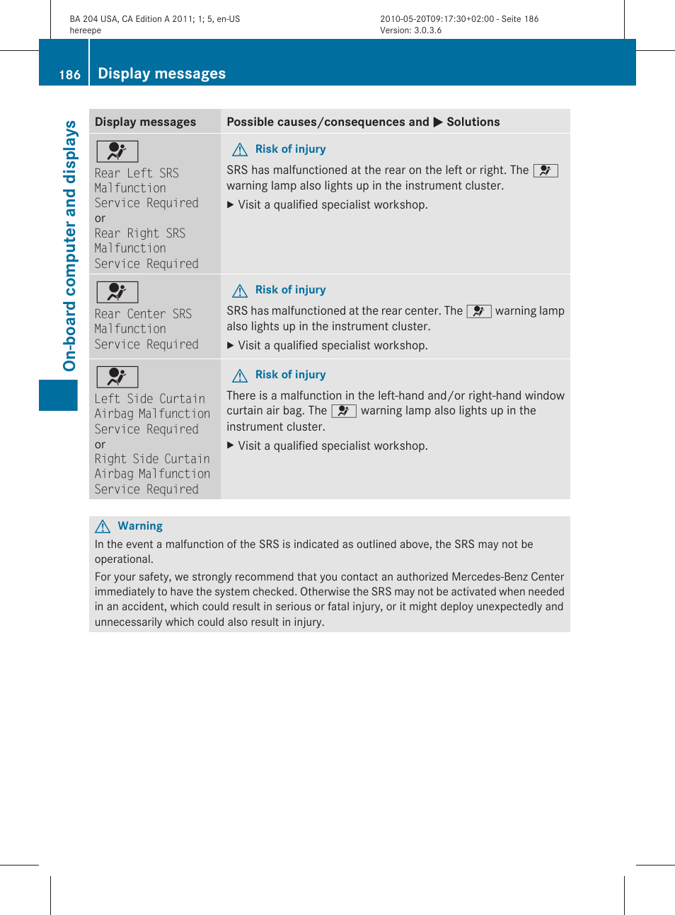 On-board computer and displays, Display messages | Mercedes-Benz C-Class 2011 Owners Manual User Manual | Page 188 / 320