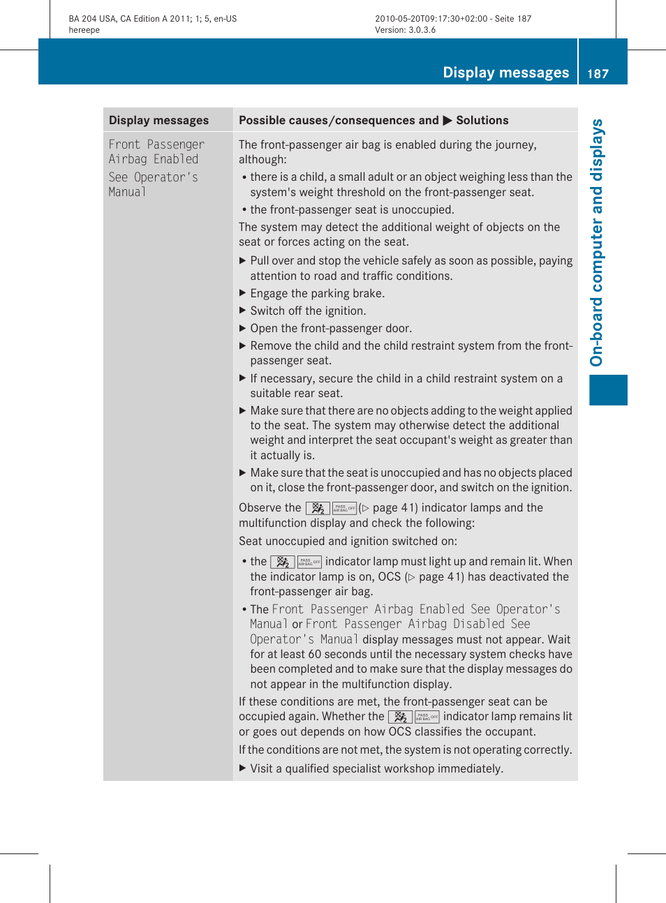 Display, On-board computer and displays, Display messages | Mercedes-Benz C-Class 2011 Owners Manual User Manual | Page 189 / 320