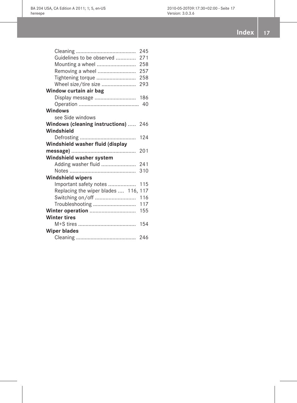 Index | Mercedes-Benz C-Class 2011 Owners Manual User Manual | Page 19 / 320