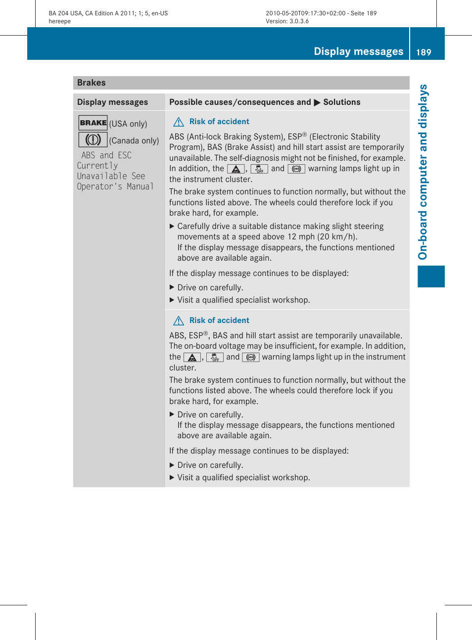 Brakes, On-board computer and displays, Display messages | Mercedes-Benz C-Class 2011 Owners Manual User Manual | Page 191 / 320