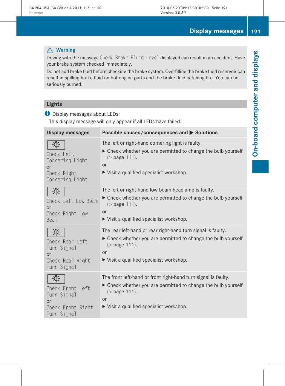 Lights, On-board computer and displays, Display messages | Mercedes-Benz C-Class 2011 Owners Manual User Manual | Page 193 / 320