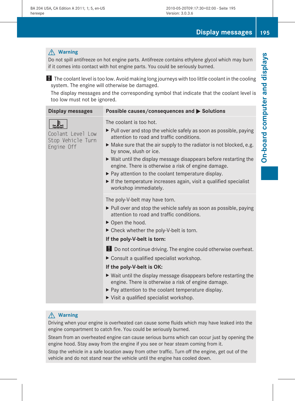 On-board computer and displays, Display messages | Mercedes-Benz C-Class 2011 Owners Manual User Manual | Page 197 / 320