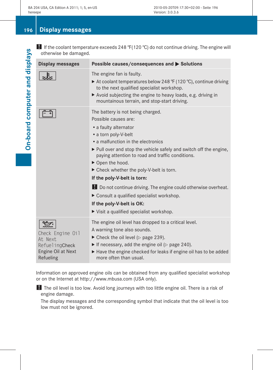 On-board computer and displays, Display messages | Mercedes-Benz C-Class 2011 Owners Manual User Manual | Page 198 / 320