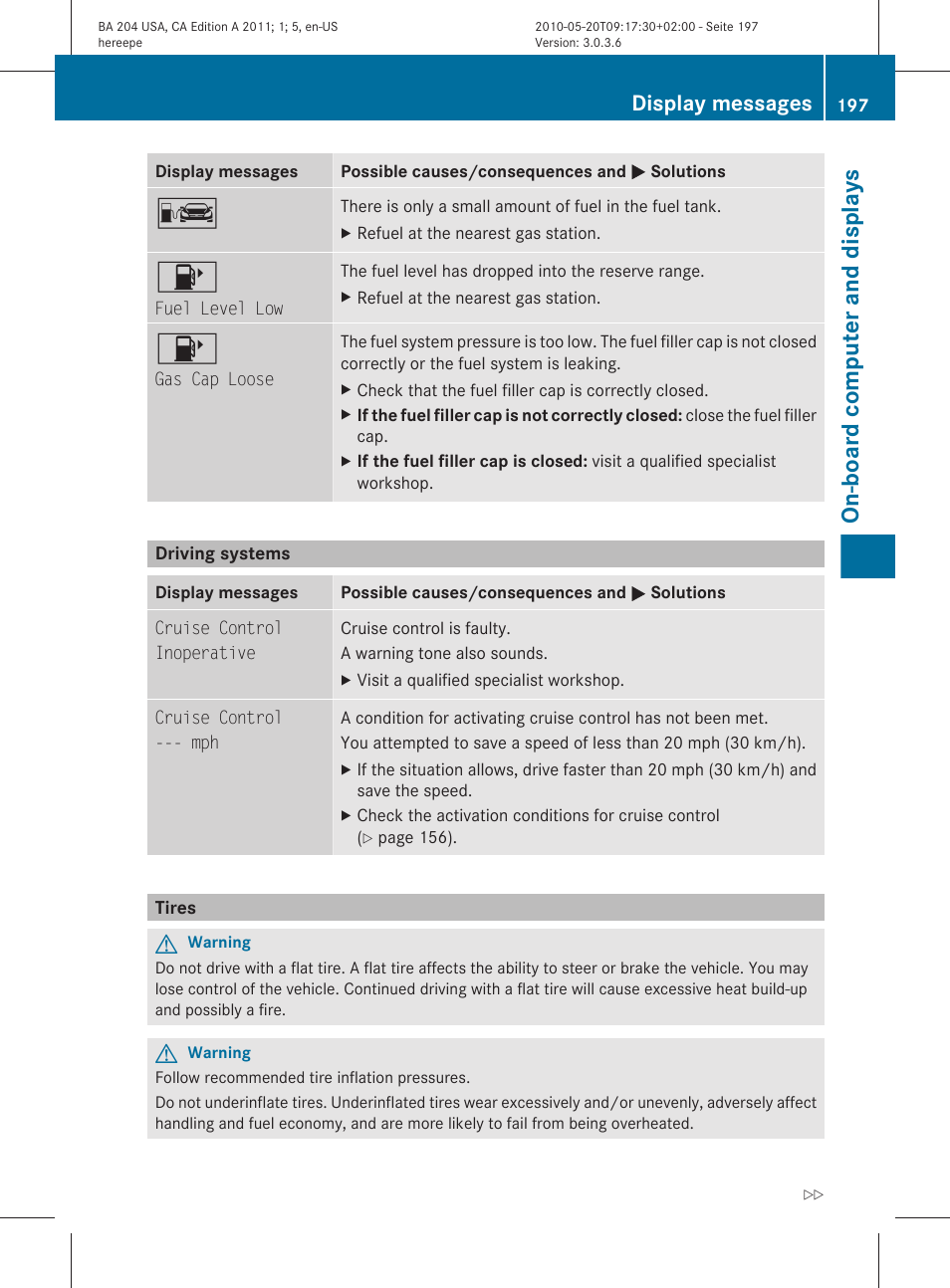 Driving systems, Tires, On-board computer and displays | Display messages | Mercedes-Benz C-Class 2011 Owners Manual User Manual | Page 199 / 320