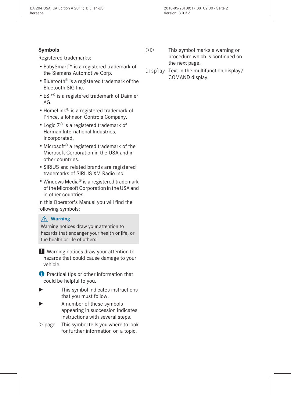 Mercedes-Benz C-Class 2011 Owners Manual User Manual | Page 2 / 320