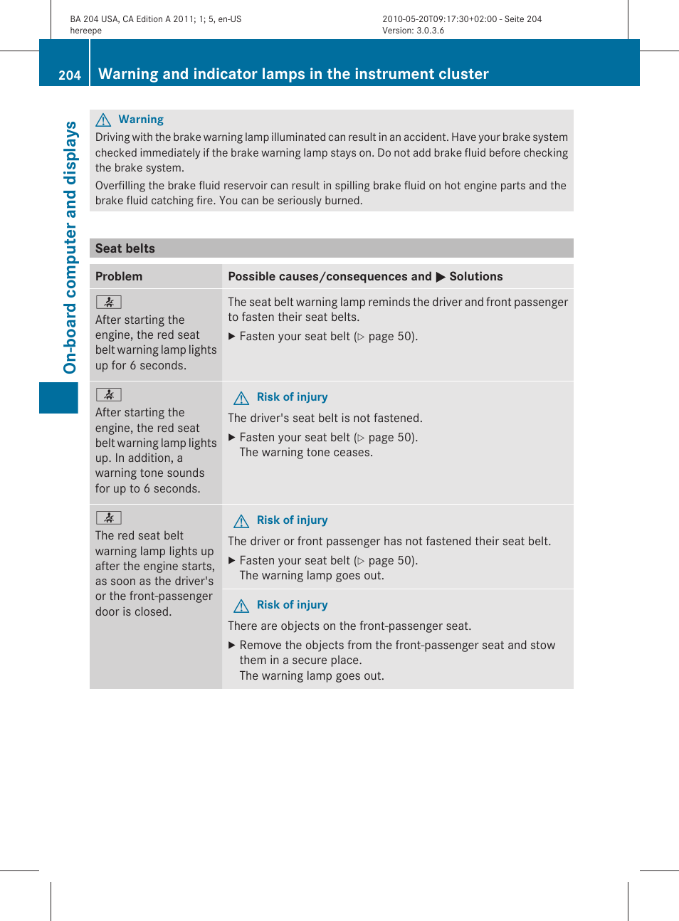 Seat belts, Seat belt, On-board computer and displays | Mercedes-Benz C-Class 2011 Owners Manual User Manual | Page 206 / 320