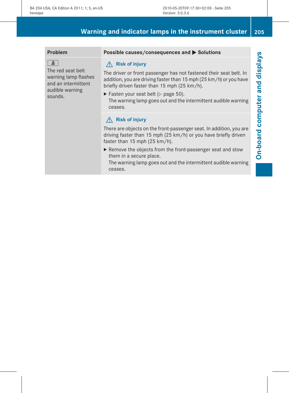 On-board computer and displays | Mercedes-Benz C-Class 2011 Owners Manual User Manual | Page 207 / 320