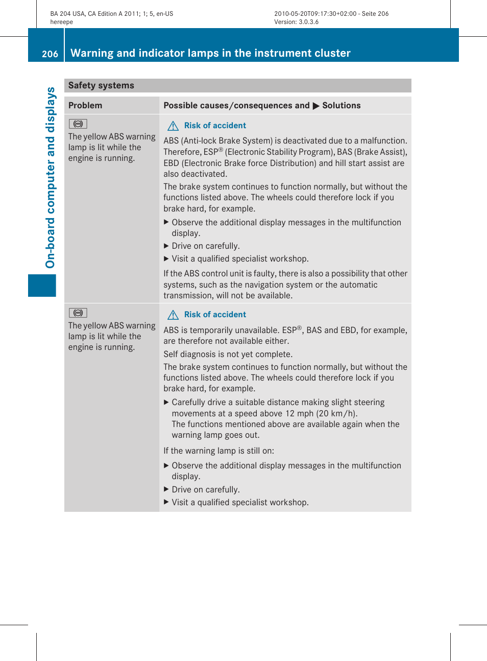 Safety systems, On-board computer and displays | Mercedes-Benz C-Class 2011 Owners Manual User Manual | Page 208 / 320