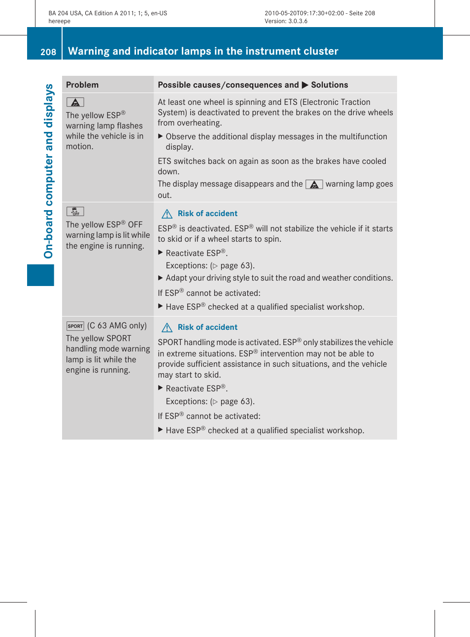 On-board computer and displays | Mercedes-Benz C-Class 2011 Owners Manual User Manual | Page 210 / 320