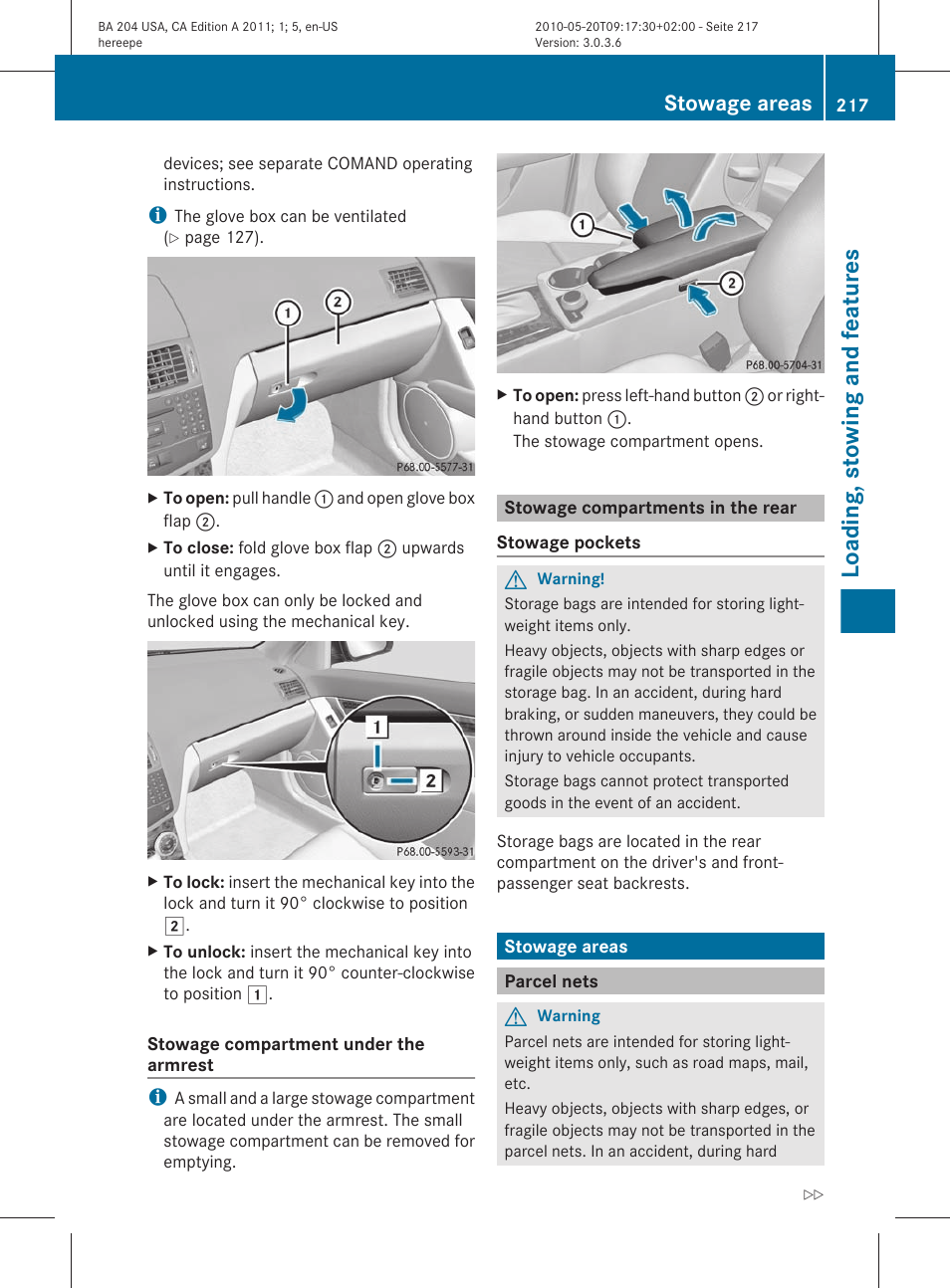 Stowage compartments in the rear, Stowage areas, Parcel nets | Loading, stowing and features | Mercedes-Benz C-Class 2011 Owners Manual User Manual | Page 219 / 320