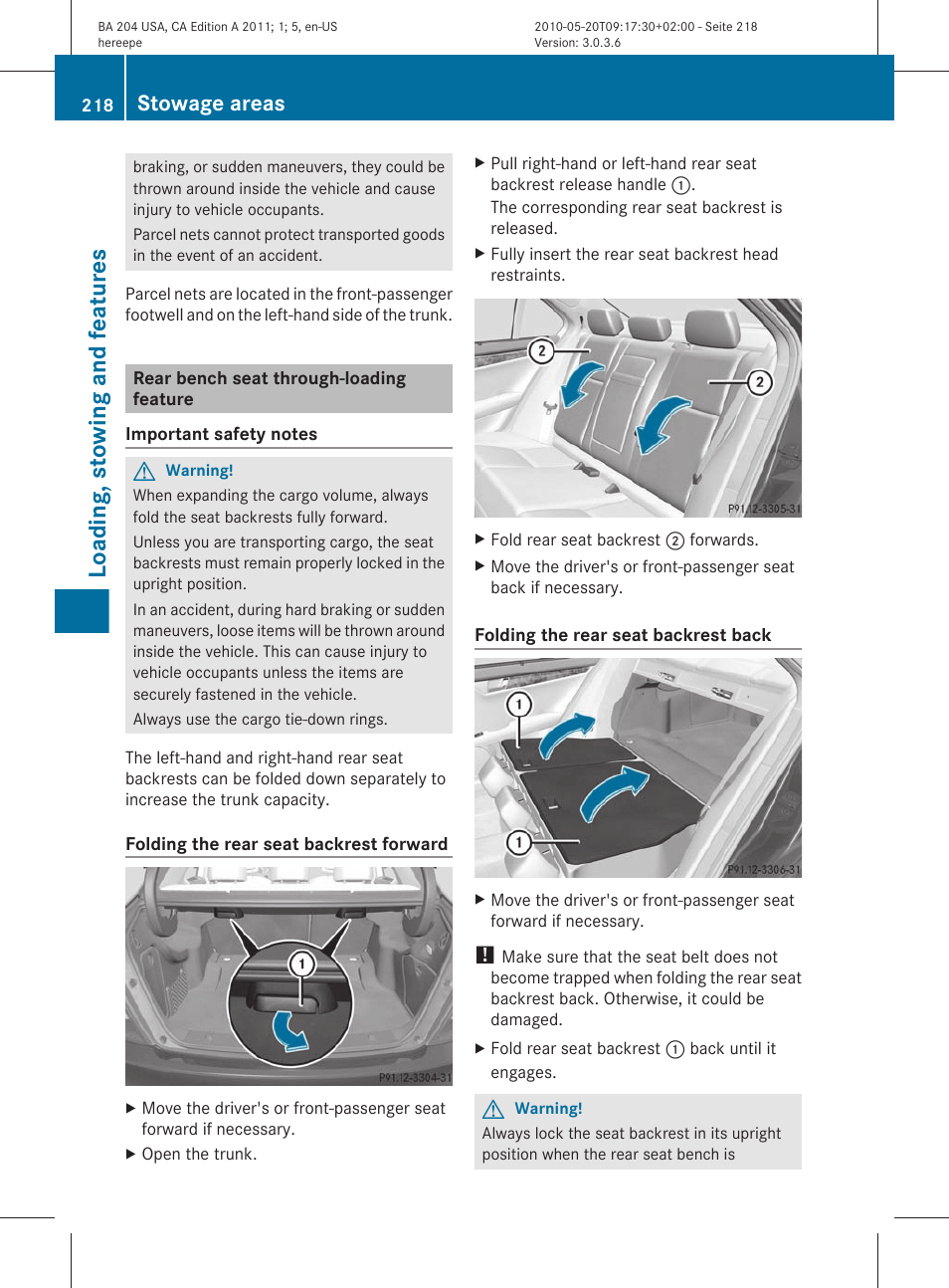 Rear bench seat through-loading feature, Bench seat, Loading, stowing and features | Stowage areas | Mercedes-Benz C-Class 2011 Owners Manual User Manual | Page 220 / 320