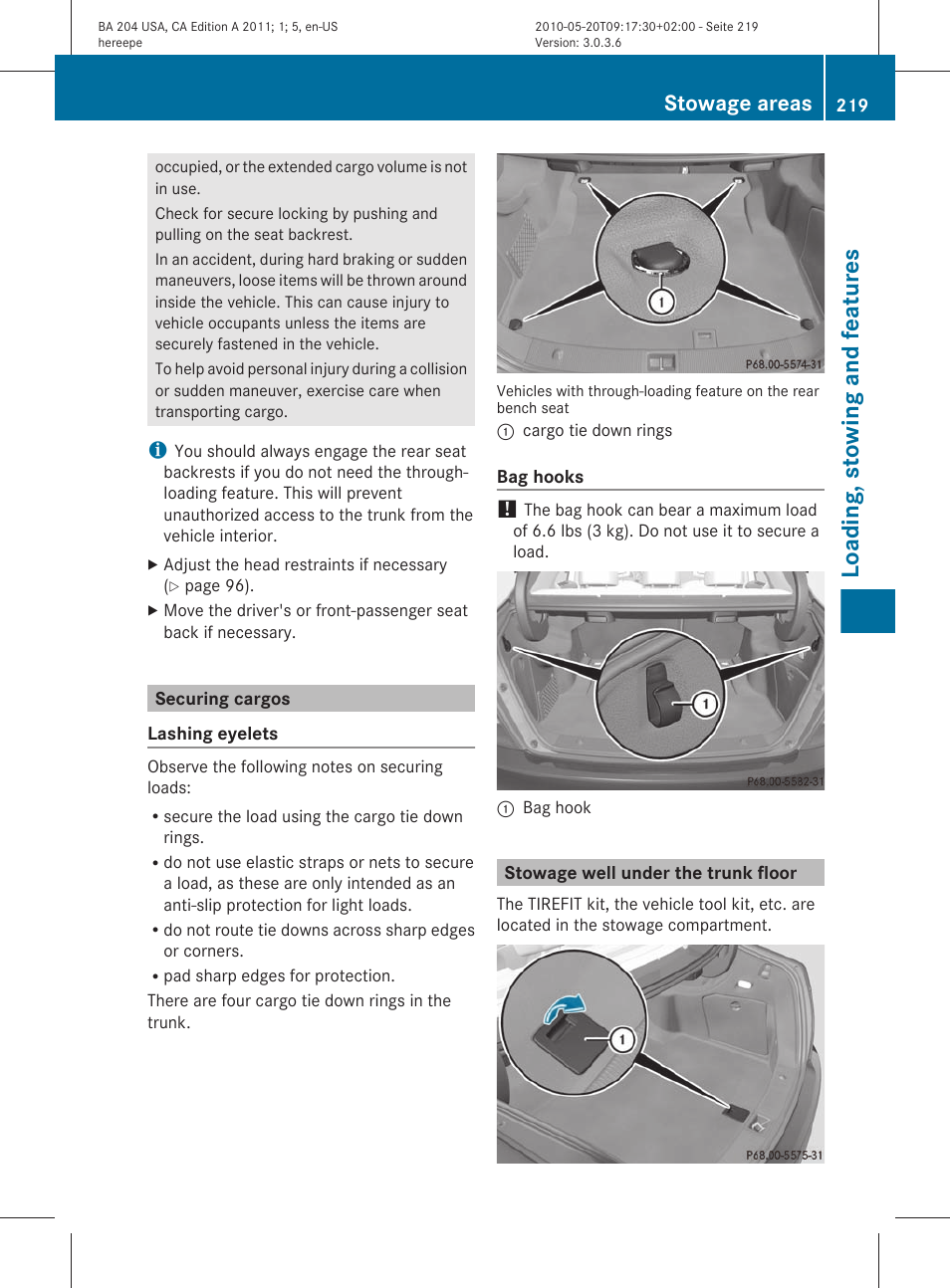 Securing cargos, Stowage well under the trunk floor, Loading, stowing and features | Stowage areas | Mercedes-Benz C-Class 2011 Owners Manual User Manual | Page 221 / 320
