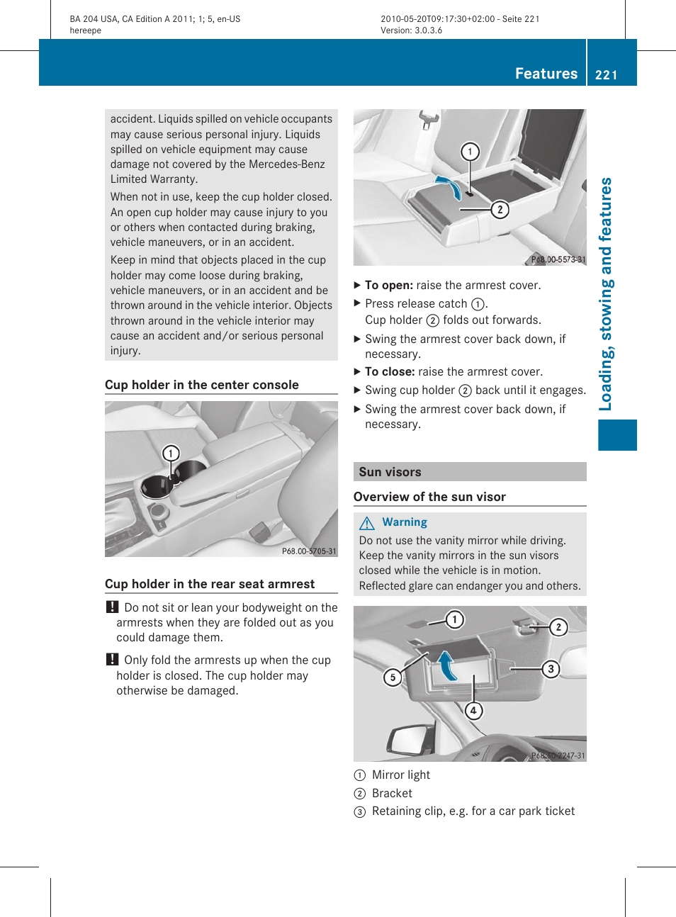 Sun visors, Loading, stowing and features, Features | Mercedes-Benz C-Class 2011 Owners Manual User Manual | Page 223 / 320