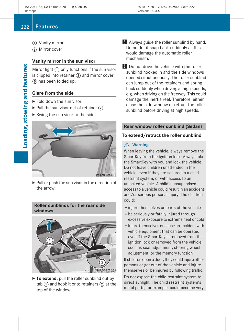 Roller sunblinds for the rear side windows, Rear window roller sunblind (sedan), Loading, stowing and features | Features | Mercedes-Benz C-Class 2011 Owners Manual User Manual | Page 224 / 320