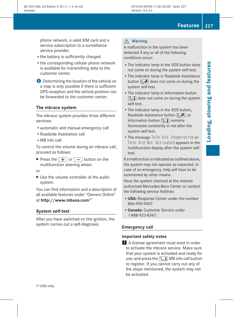Loading, stowing and features, Features | Mercedes-Benz C-Class 2011 Owners Manual User Manual | Page 229 / 320