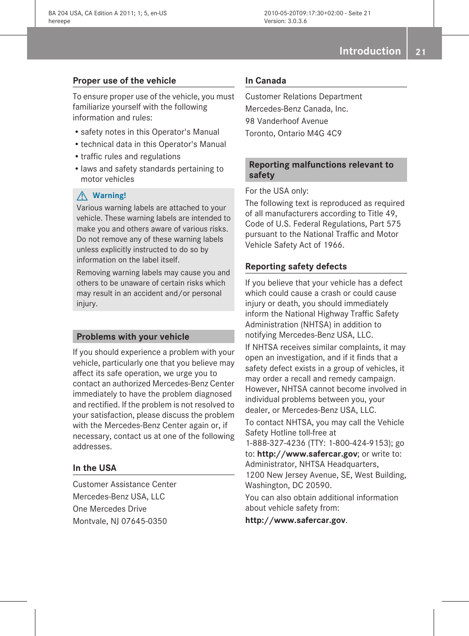 Problems with your vehicle, Reporting malfunctions relevant to safety, Introduction | Mercedes-Benz C-Class 2011 Owners Manual User Manual | Page 23 / 320