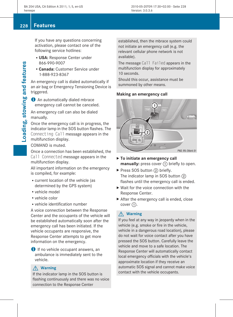 Loading, stowing and features, Features | Mercedes-Benz C-Class 2011 Owners Manual User Manual | Page 230 / 320