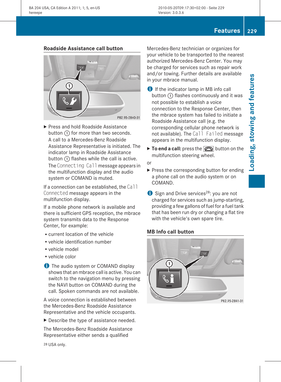 Loading, stowing and features, Features | Mercedes-Benz C-Class 2011 Owners Manual User Manual | Page 231 / 320