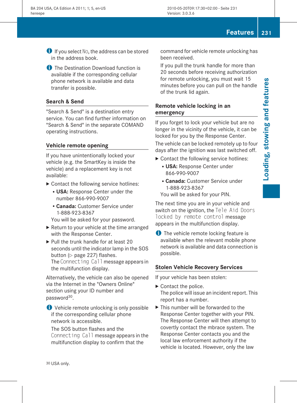 Loading, stowing and features, Features | Mercedes-Benz C-Class 2011 Owners Manual User Manual | Page 233 / 320