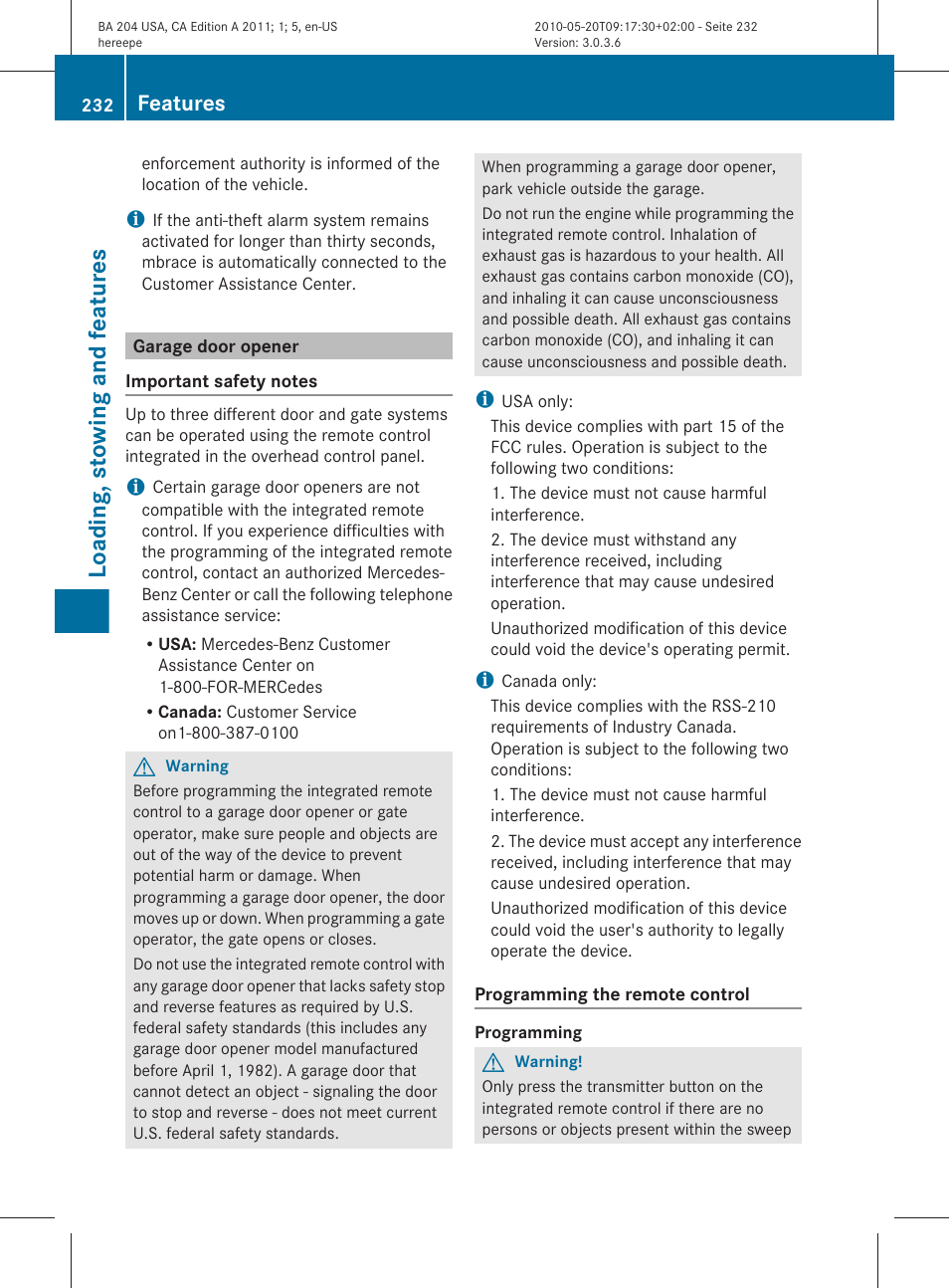 Garage door opener, Loading, stowing and features, Features | Mercedes-Benz C-Class 2011 Owners Manual User Manual | Page 234 / 320