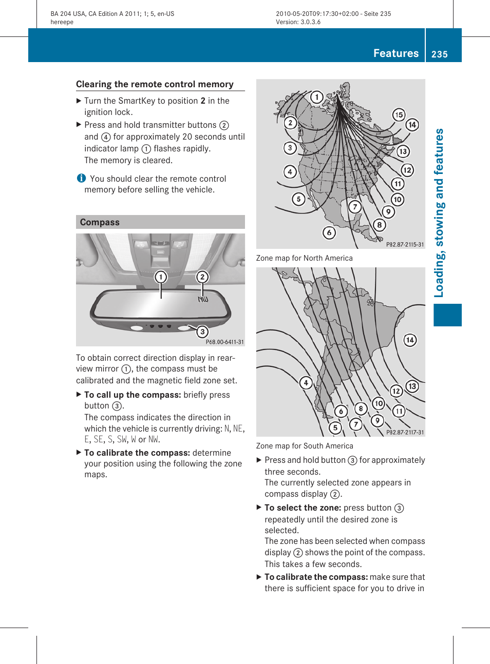 Compass, Loading, stowing and features, Features | Mercedes-Benz C-Class 2011 Owners Manual User Manual | Page 237 / 320