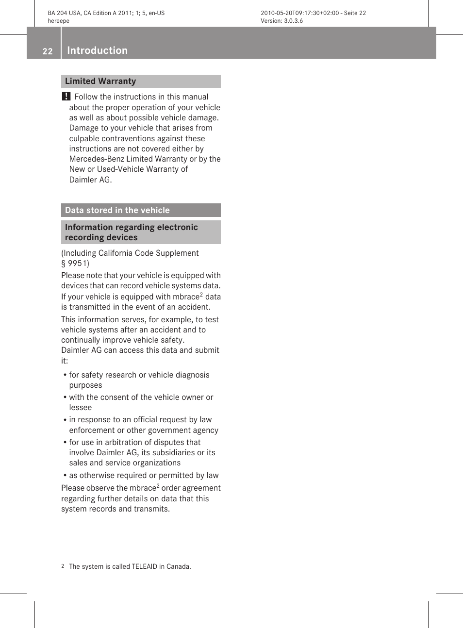 Limited warranty, Data stored in the vehicle, Information regarding electronic recording devices | Introduction | Mercedes-Benz C-Class 2011 Owners Manual User Manual | Page 24 / 320