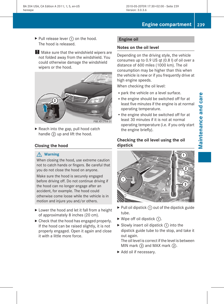 Engine oil, Check the oil level, Maintenance and care | Engine compartment | Mercedes-Benz C-Class 2011 Owners Manual User Manual | Page 241 / 320