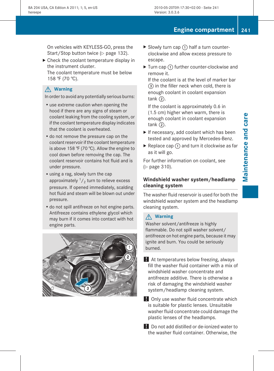 Maintenance and care, Engine compartment | Mercedes-Benz C-Class 2011 Owners Manual User Manual | Page 243 / 320