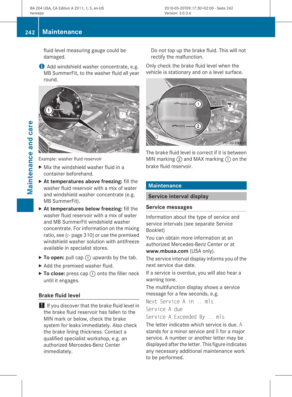 Maintenance, Service interval display, Maintenance and care | Mercedes-Benz C-Class 2011 Owners Manual User Manual | Page 244 / 320