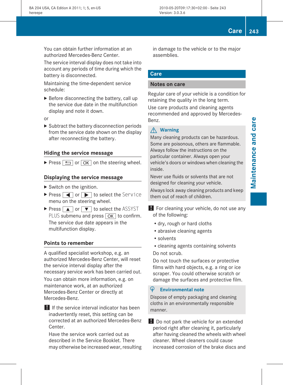 Care, Notes on care, Assyst plus service interval display | Maintenance and care | Mercedes-Benz C-Class 2011 Owners Manual User Manual | Page 245 / 320