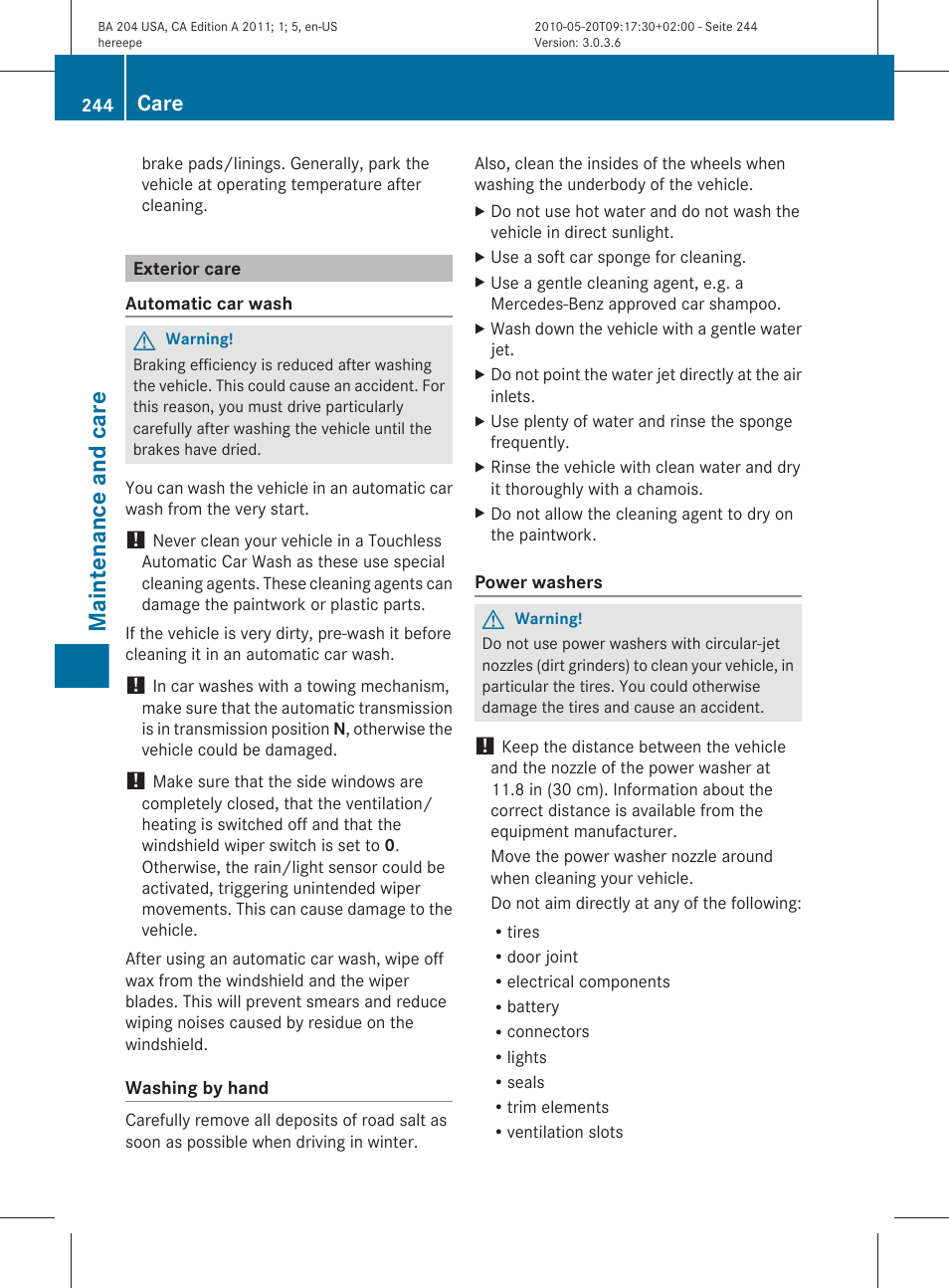 Exterior care, Maintenance and care, Care | Mercedes-Benz C-Class 2011 Owners Manual User Manual | Page 246 / 320