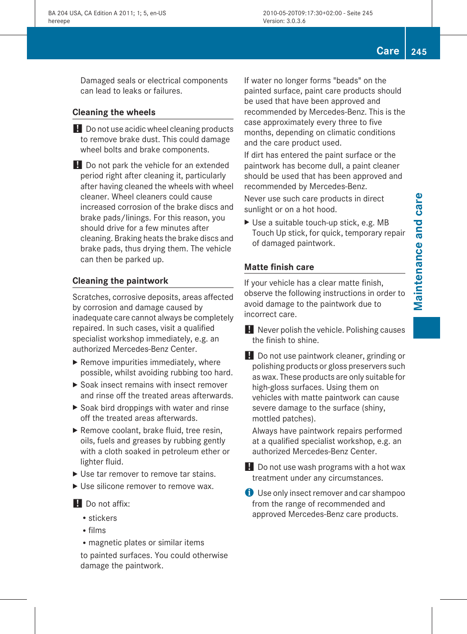 Maintenance and care, Care | Mercedes-Benz C-Class 2011 Owners Manual User Manual | Page 247 / 320