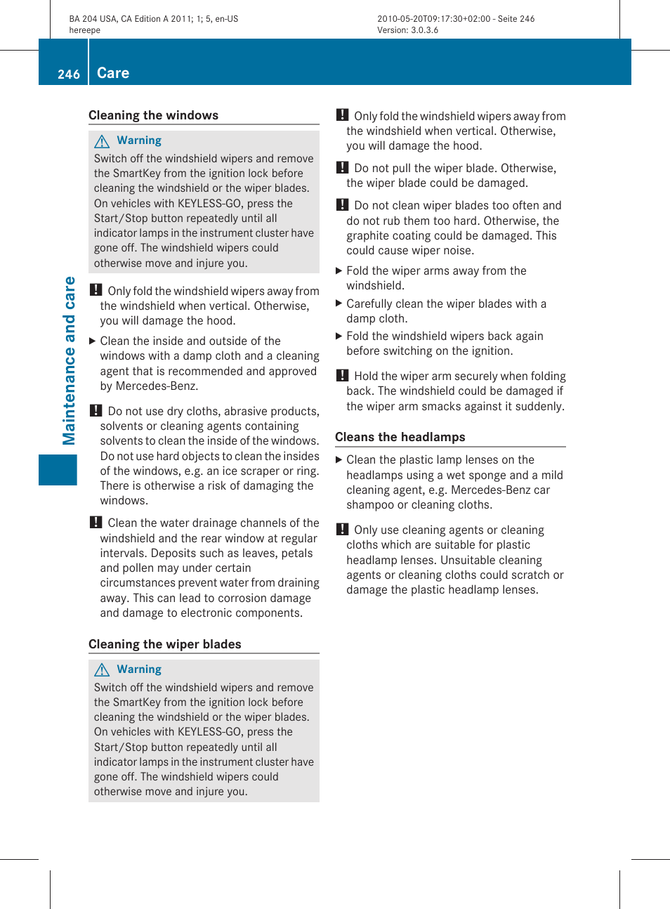 Maintenance and care, Care | Mercedes-Benz C-Class 2011 Owners Manual User Manual | Page 248 / 320